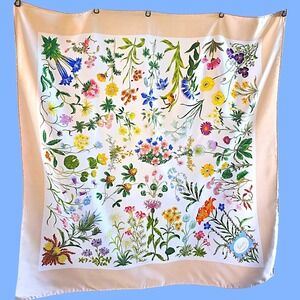 Rare Vintage Gucci Flora Silk Scarf 35" Beige Border Light Blue Logo Box by...